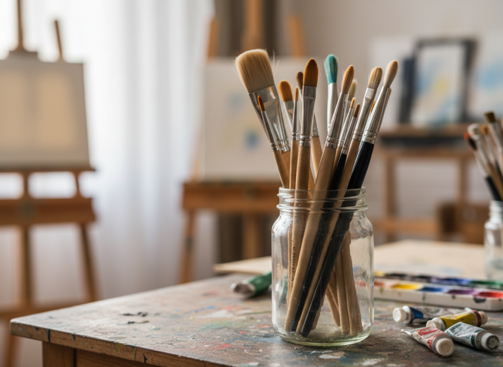 Pincéis de pintura de diferentes tamanhos dentro de um pote de vidro sobre uma mesa de ateliê, com tubos de tinta espalhados ao redor e telas desfocadas ao fundo.